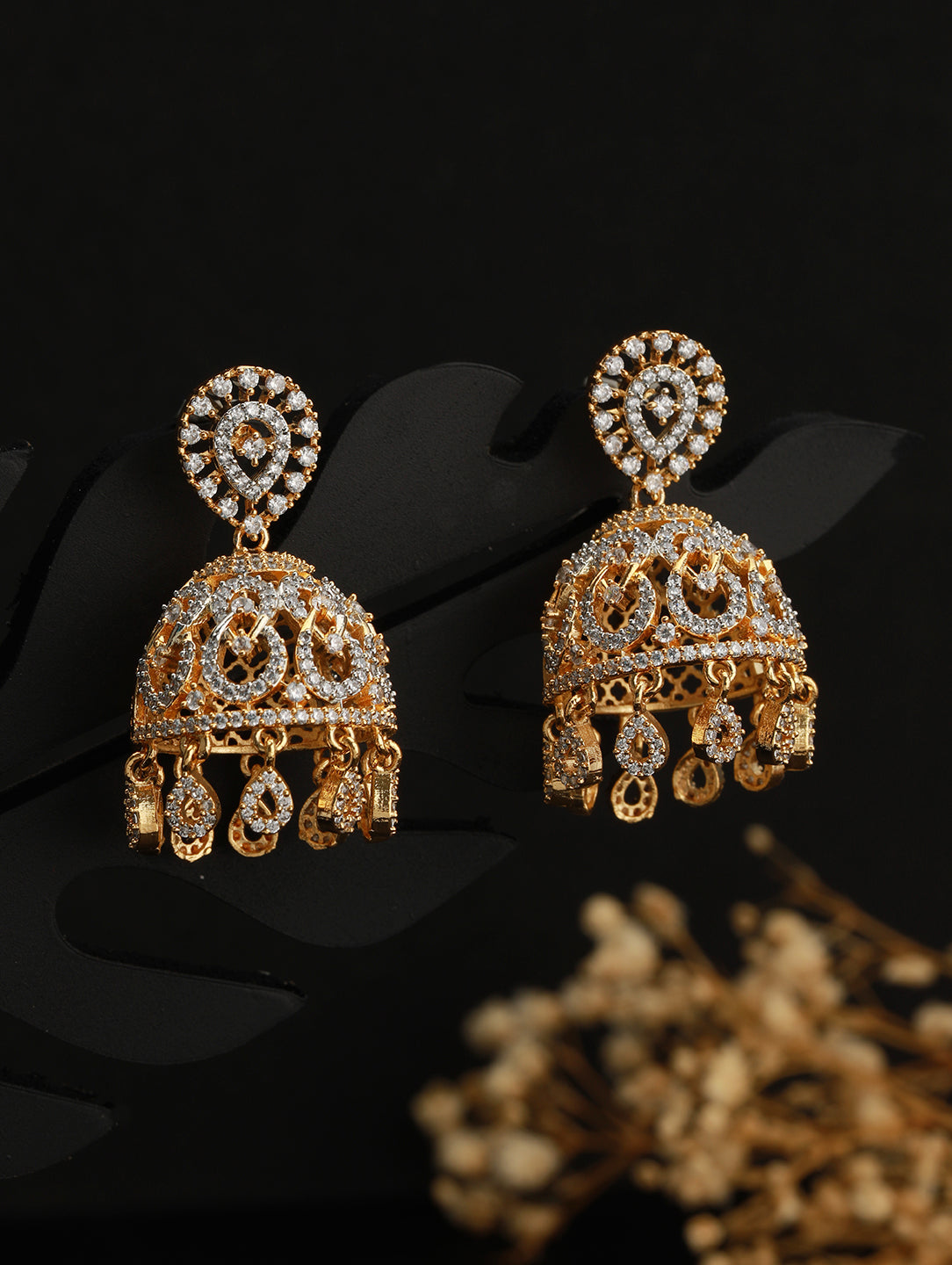 Gold Plated CZ Studded Statement Jhumka earrings